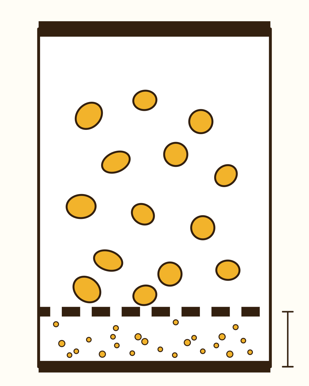 Diagram of the bag: whole pieces above a slotted seal, crumbs below it, closed by a continuous bottom seal.